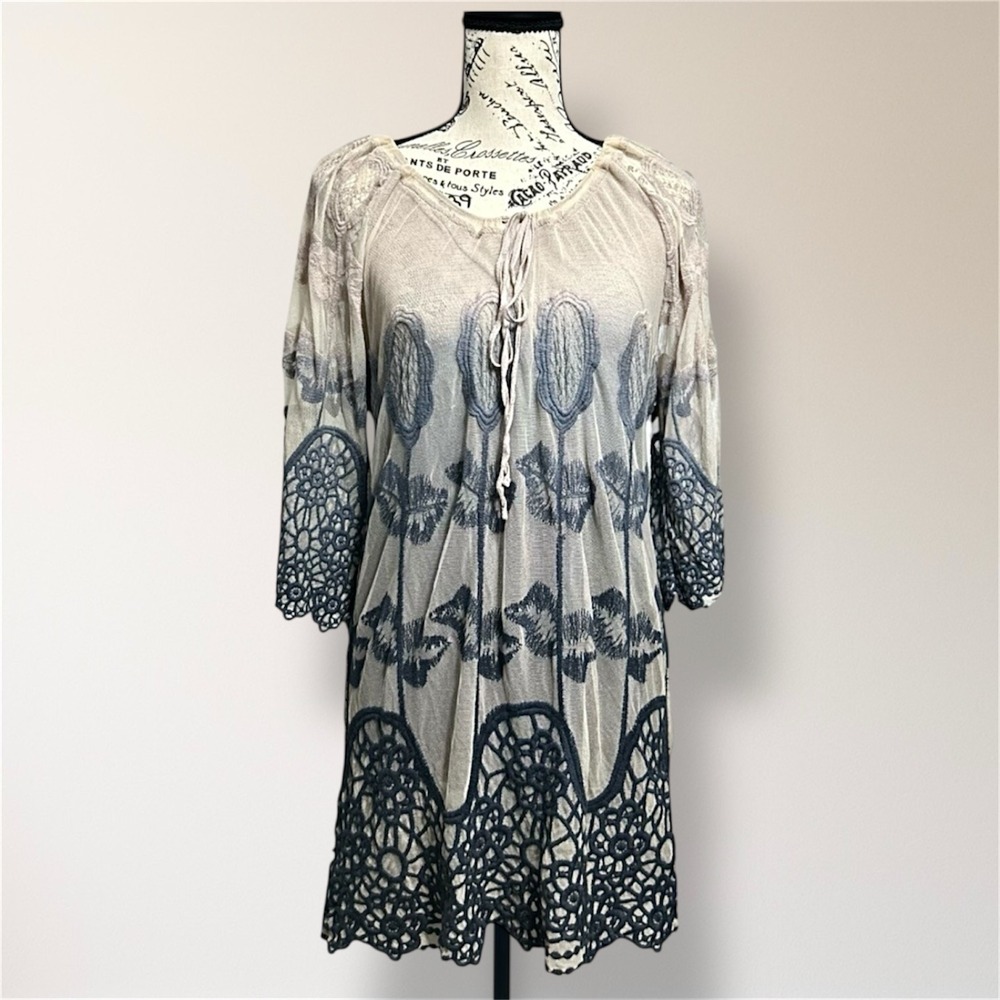 XCVI S Beige Gray Ombre Cotton Crochet Lace‎ Embroidered Mini Dress Boho Resort